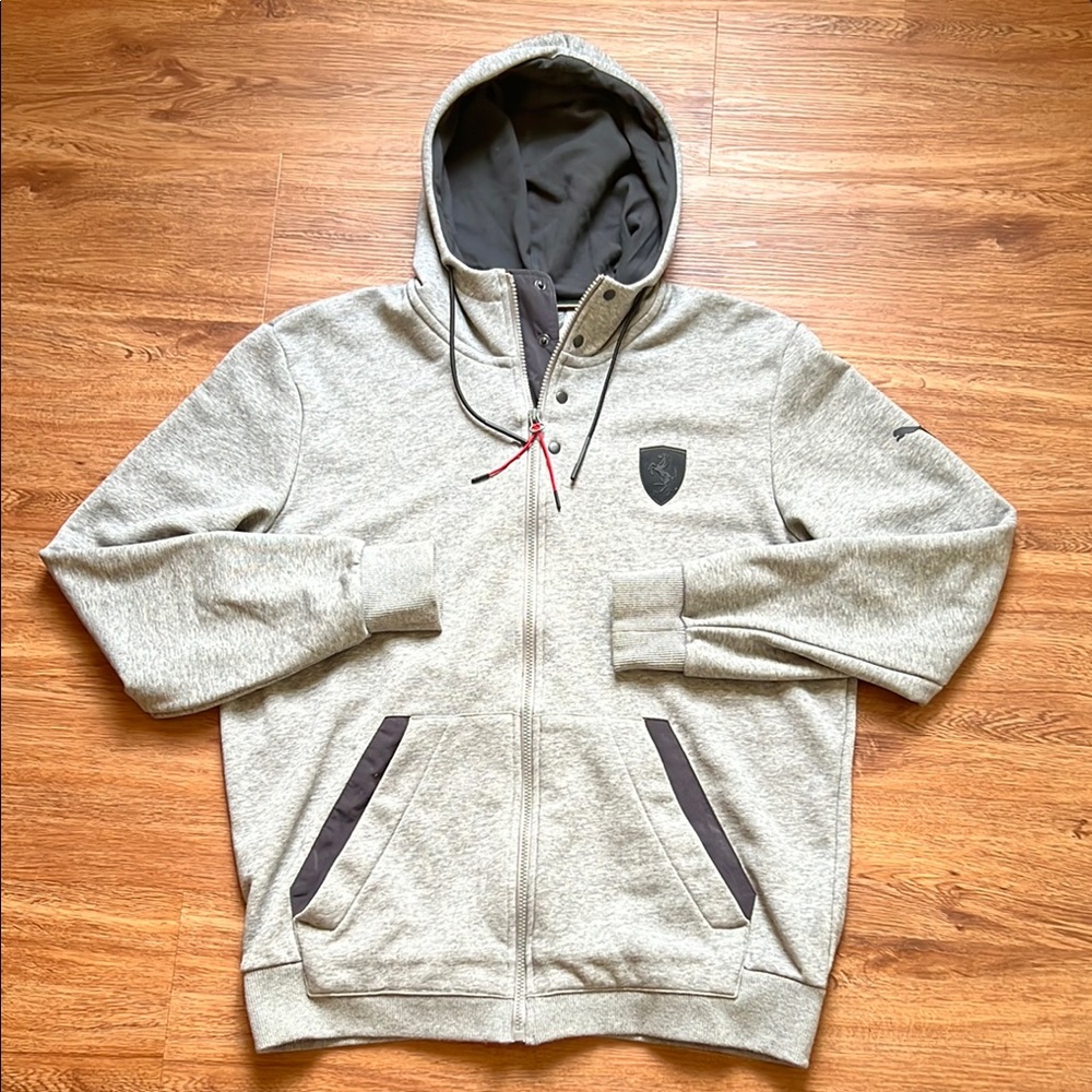 Puma Hoodie Mens Medium Gray Full Zip Ferrari Embroidered Super Car Logo